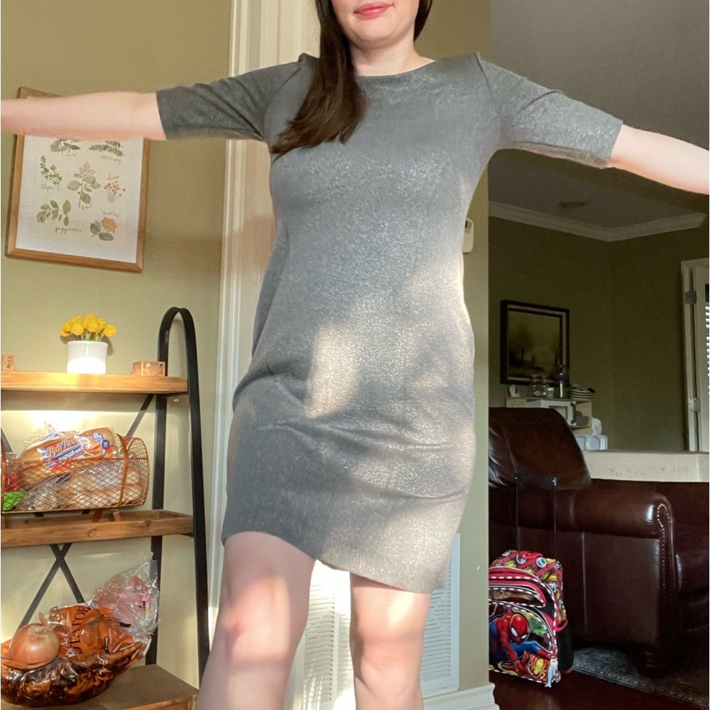 Banana Republic Sheath Dress Gray with Metallic Thread Exposed Zipper V Back h6